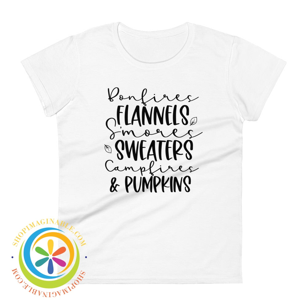 Sweaters Campfires & Pumpkins Fall Saying Ladies T-Shirt White / S