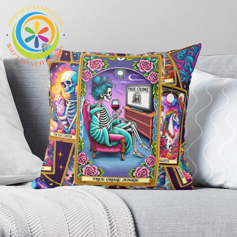 True Crime Junkie Tarot Card Pillow Cover