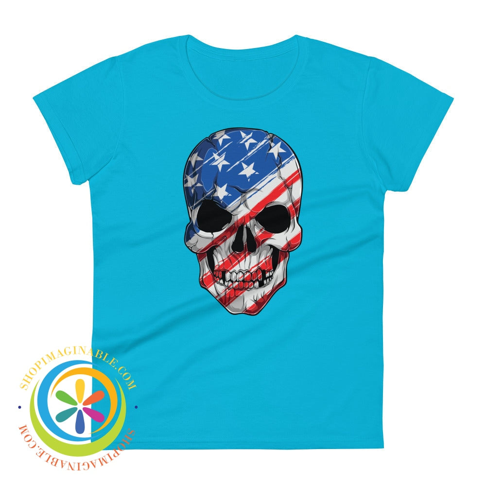 Usa Flag Skull Ladies T-Shirt Caribbean Blue / S T-Shirt