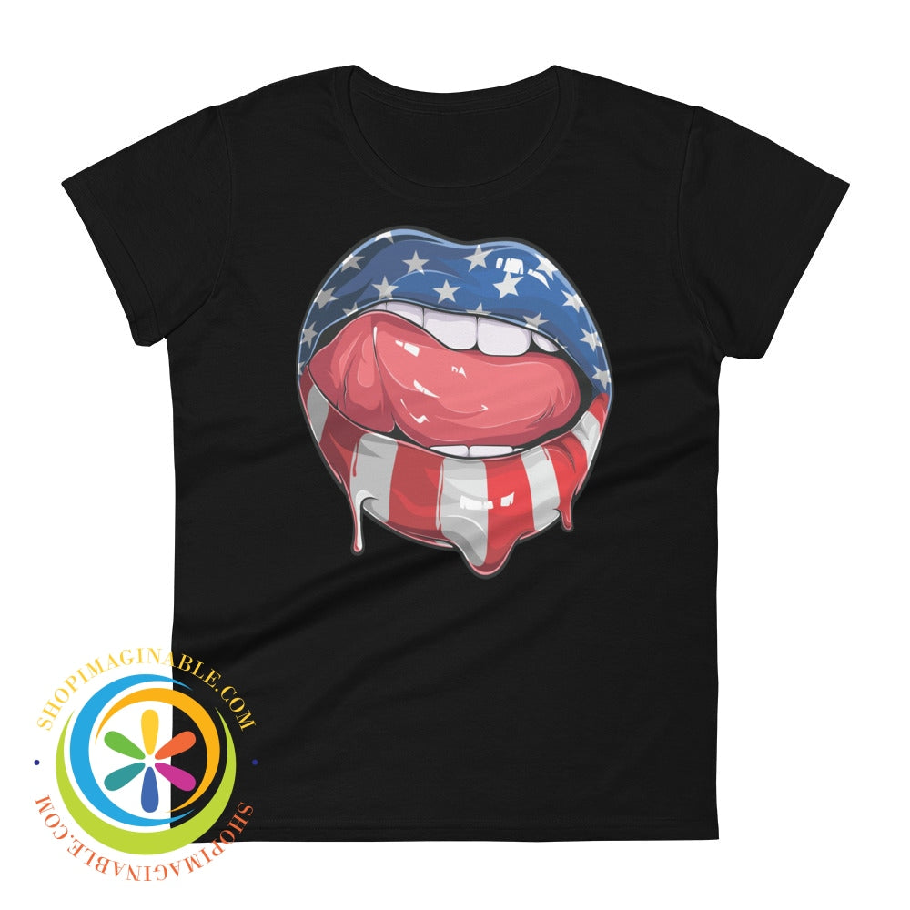 Wow Usa Lips American Flag Patriotic Ladies T-Shirt Black / S T-Shirt