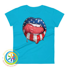 Wow Usa Lips American Flag Patriotic Ladies T-Shirt Caribbean Blue / S T-Shirt