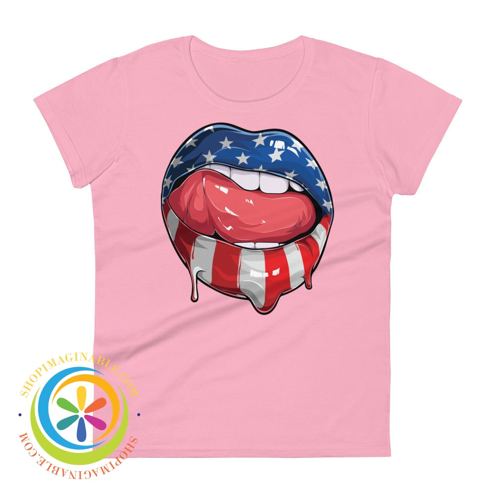 Wow Usa Lips American Flag Patriotic Ladies T-Shirt Charity Pink / S T-Shirt