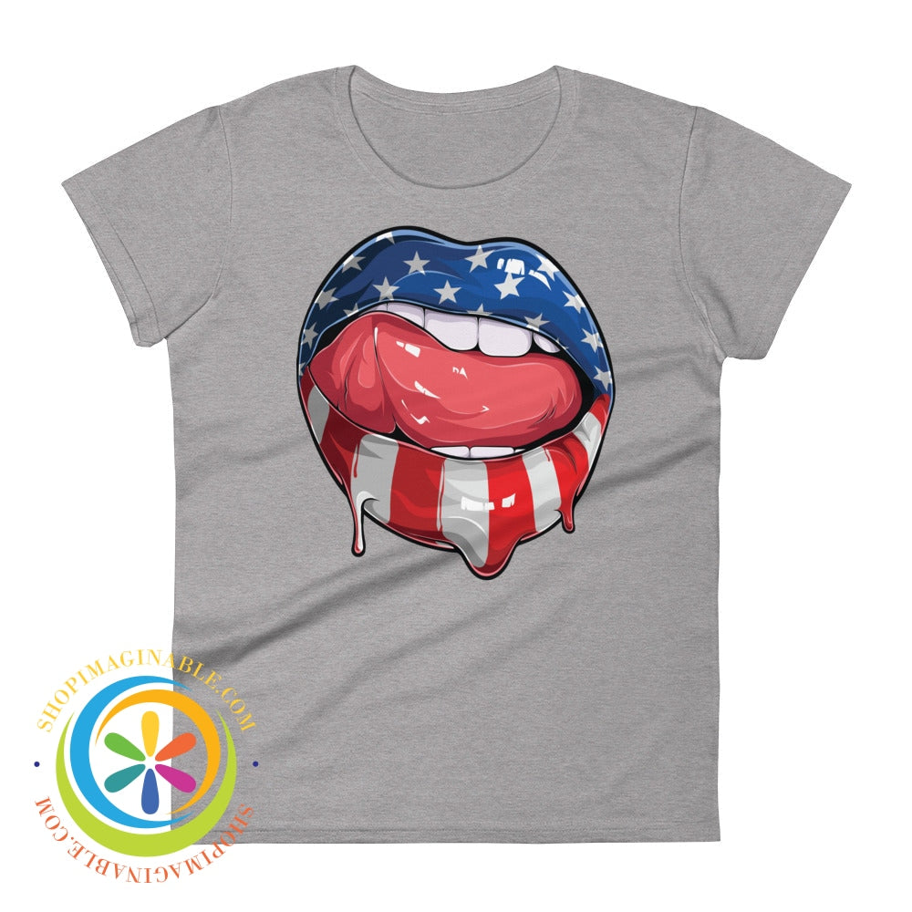 Wow Usa Lips American Flag Patriotic Ladies T-Shirt Heather Grey / S T-Shirt