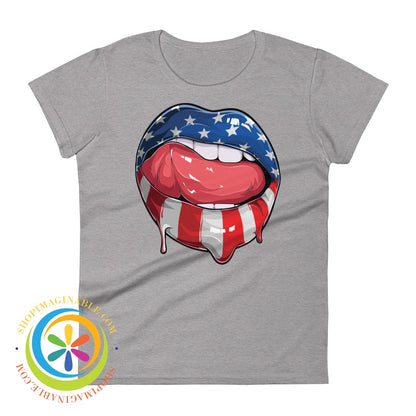 Wow Usa Lips American Flag Patriotic Ladies T-Shirt Heather Grey / S T-Shirt