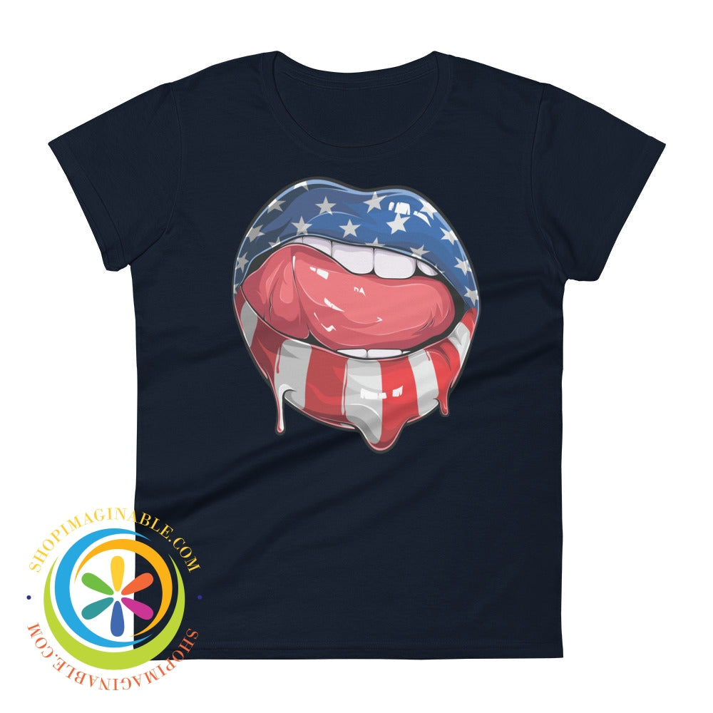 Wow Usa Lips American Flag Patriotic Ladies T-Shirt Navy / S T-Shirt