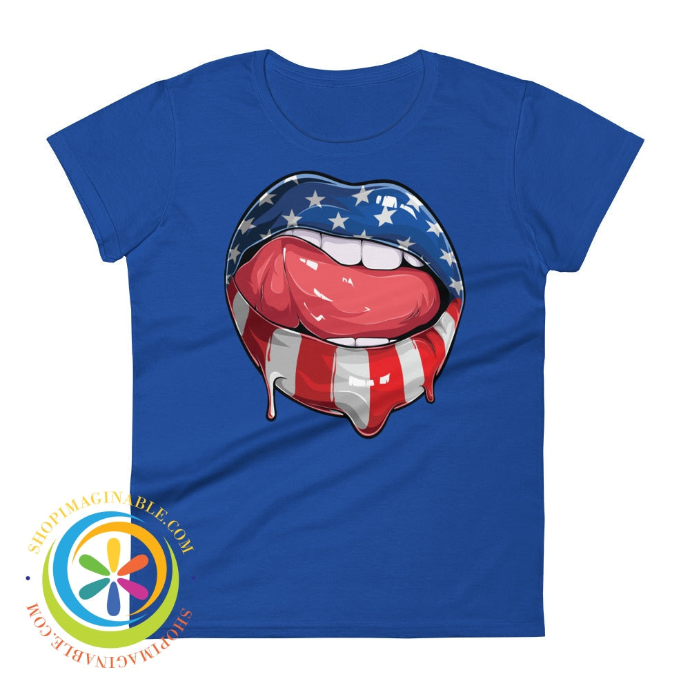 Wow Usa Lips American Flag Patriotic Ladies T-Shirt Royal Blue / S T-Shirt