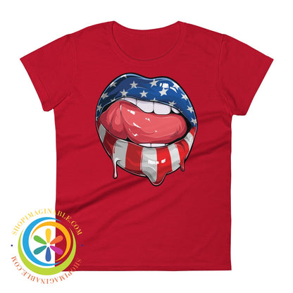 Wow Usa Lips American Flag Patriotic Ladies T-Shirt True Red / S T-Shirt