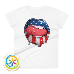 Wow Usa Lips American Flag Patriotic Ladies T-Shirt White / S T-Shirt