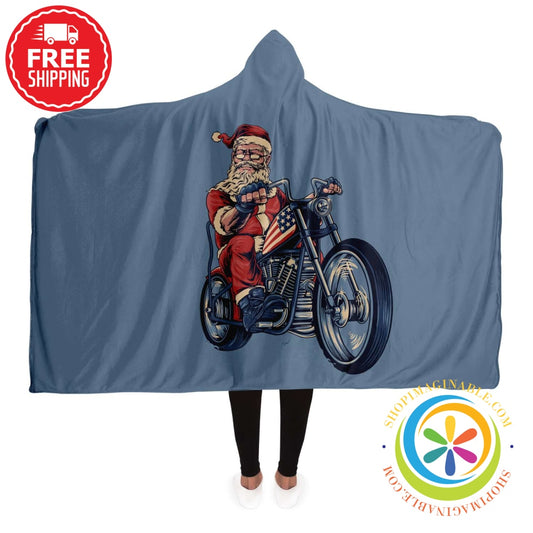 American Biker Santa Hooded Blanket Adult / Premium Sherpa - Aop