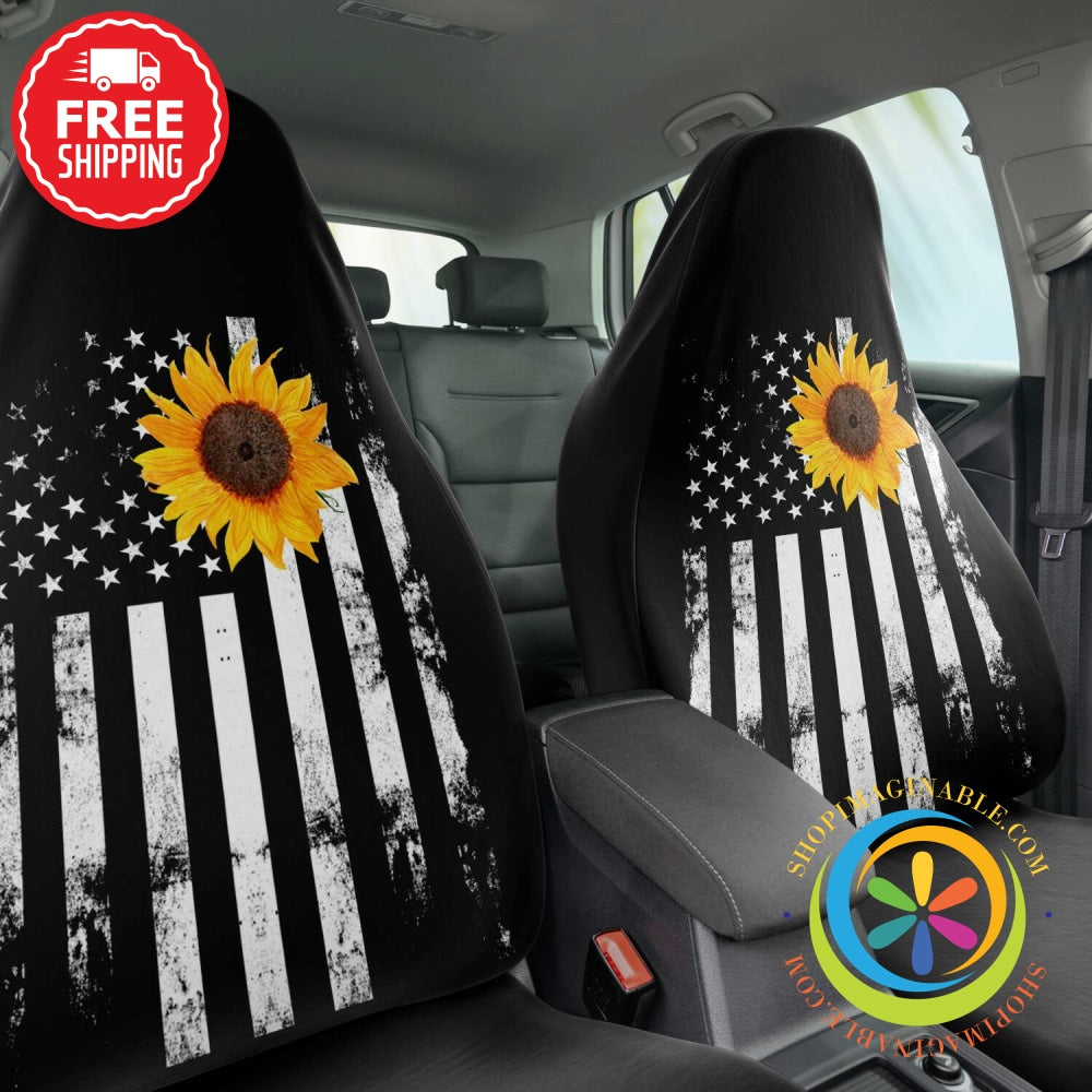 American Flag With Sunflower Car Seat Covers (Pair)-ShopImaginable.com