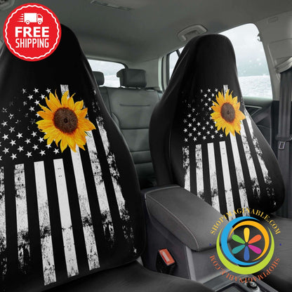 American Flag With Sunflower Car Seat Covers (Pair)-ShopImaginable.com