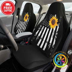 American Flag With Sunflower Car Seat Covers (Pair)-ShopImaginable.com