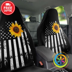 American Flag With Sunflower Car Seat Covers (Pair)-ShopImaginable.com