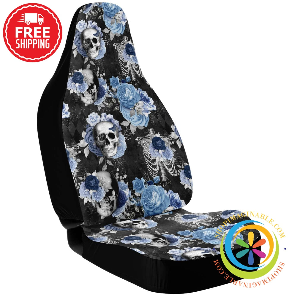 Blue Floral Skulls Car Seat Covers One Size Cover - Aop
