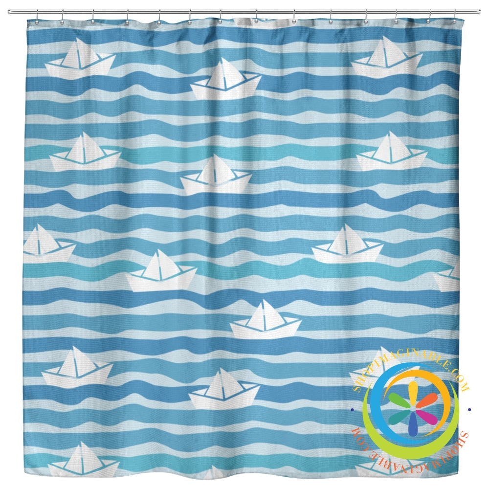 Blue Waves & Boats Oxford Shower Curtain Home Goods