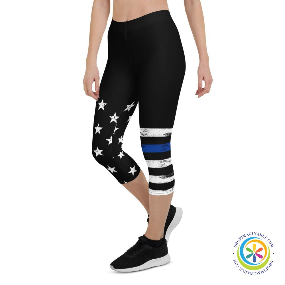 Blue & White Striped Star Capri Leggings-ShopImaginable.com
