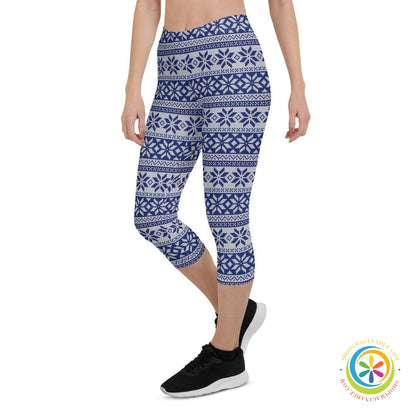 Blue & White Sweater Holiday Capri Leggings-ShopImaginable.com