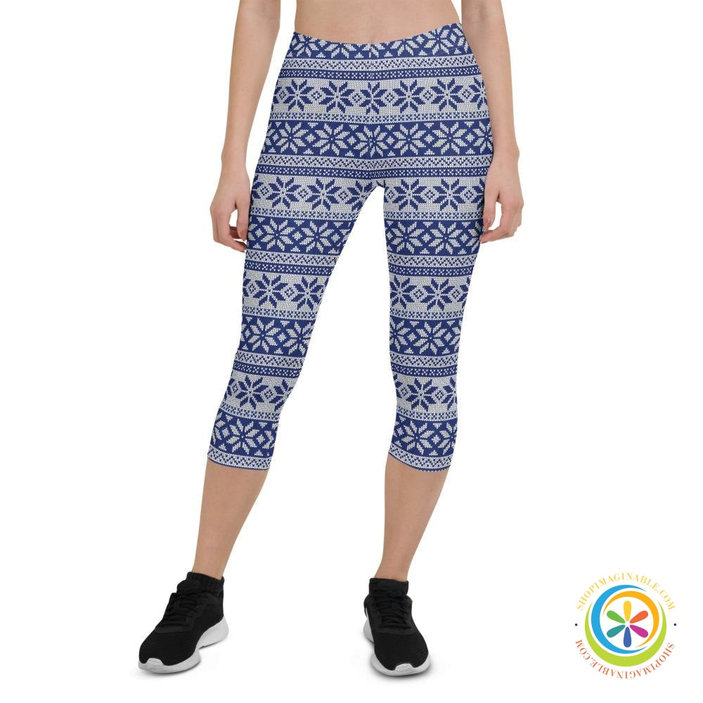 Blue & White Sweater Holiday Capri Leggings-ShopImaginable.com