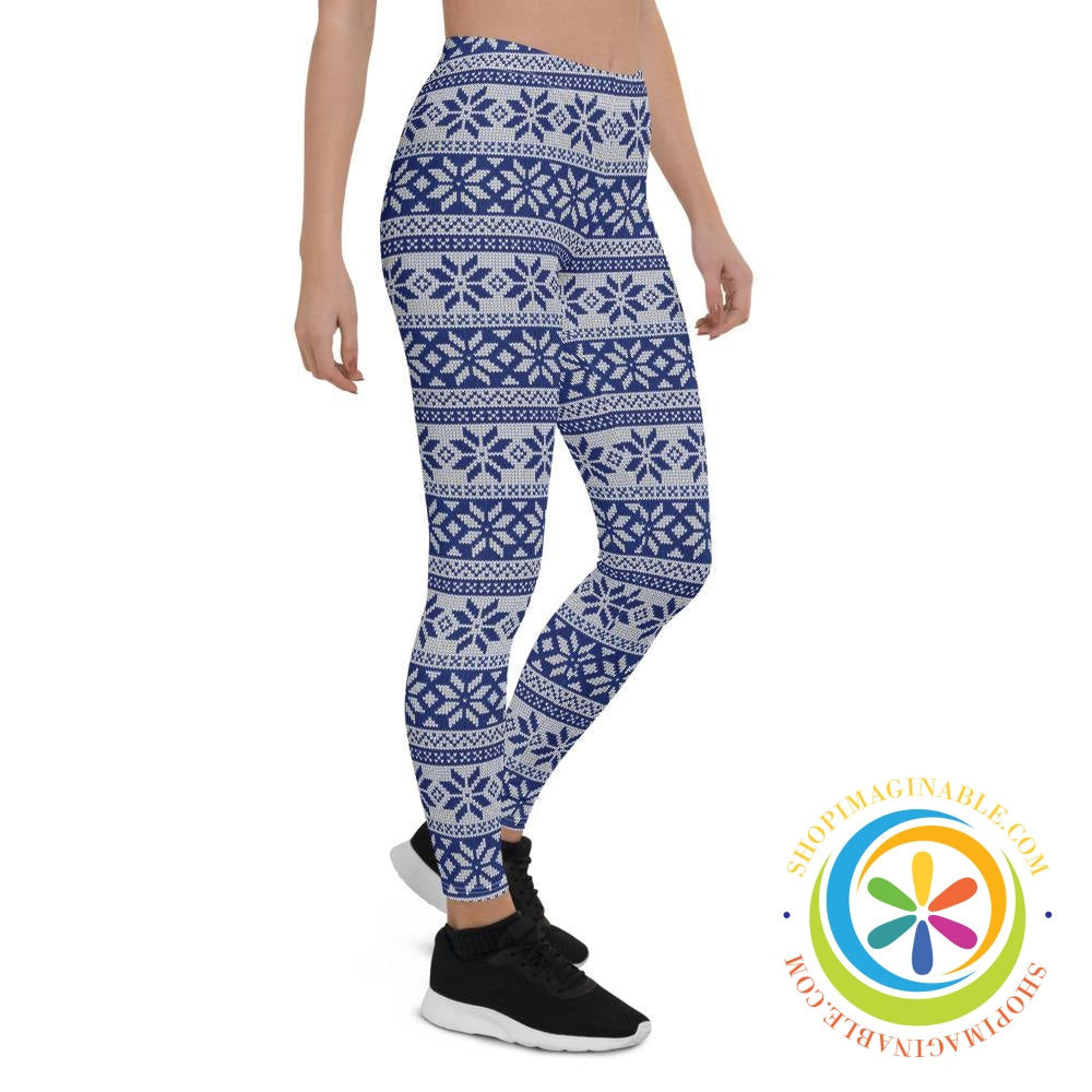Blue & White Sweater Holiday Full Length Leggings-ShopImaginable.com