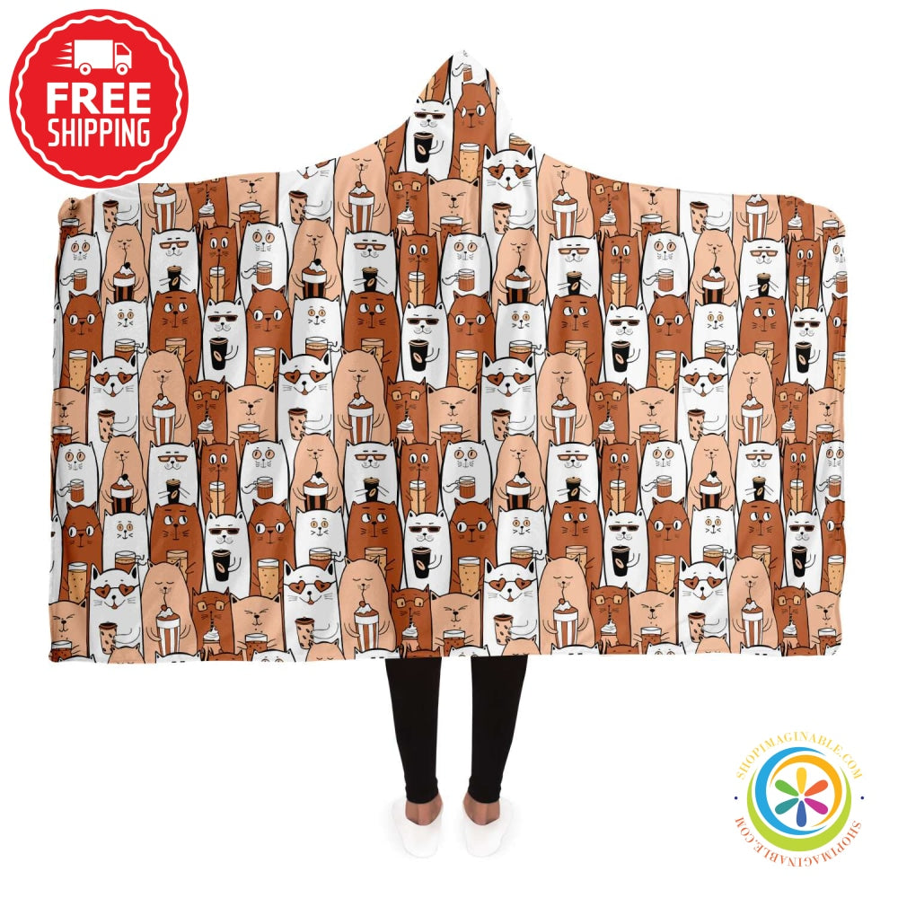 Coffee Cats Hooded Blanket Adult / Premium Sherpa - Aop