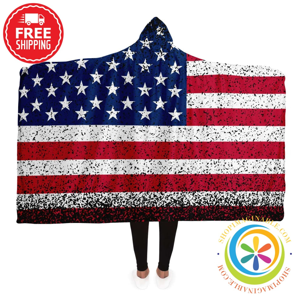 Distressed American Flag Hooded Blanket Adult / Premium Sherpa - Aop