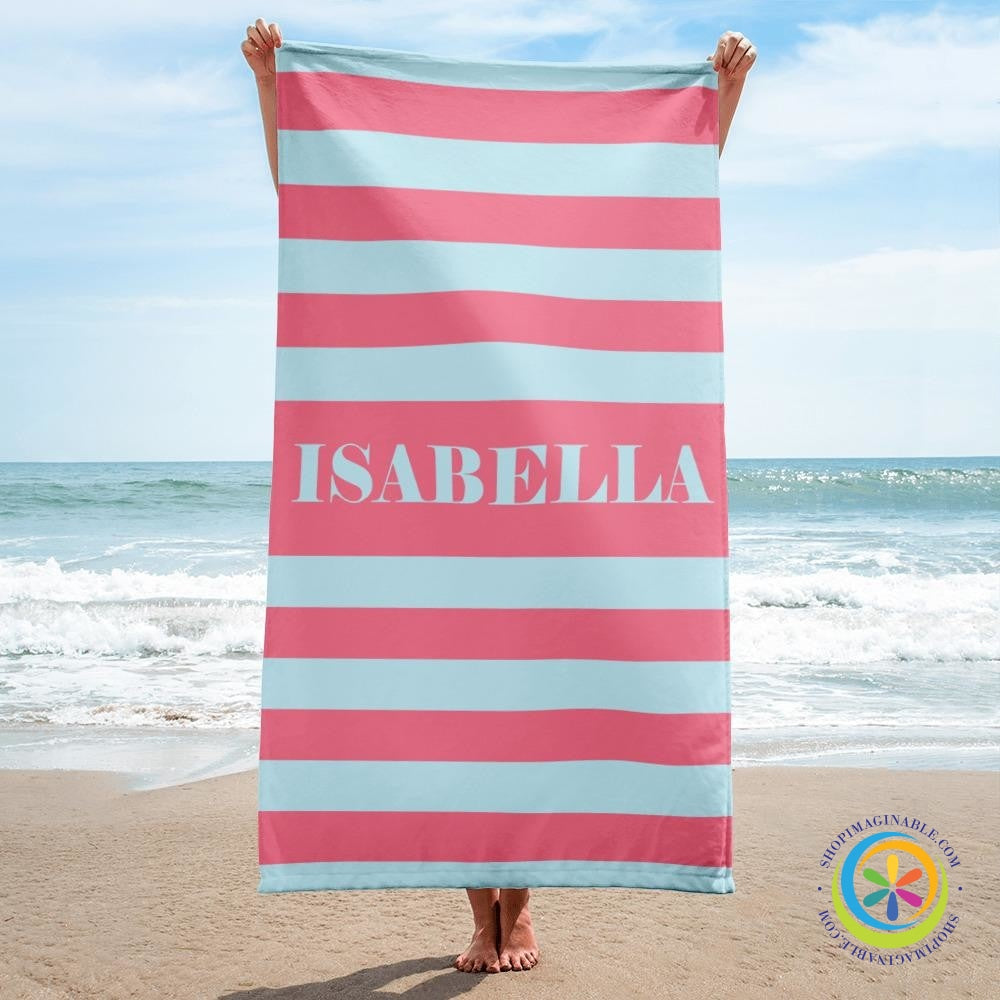 Personalized Blue & Pink Striped Beach Bath Towel-ShopImaginable.com