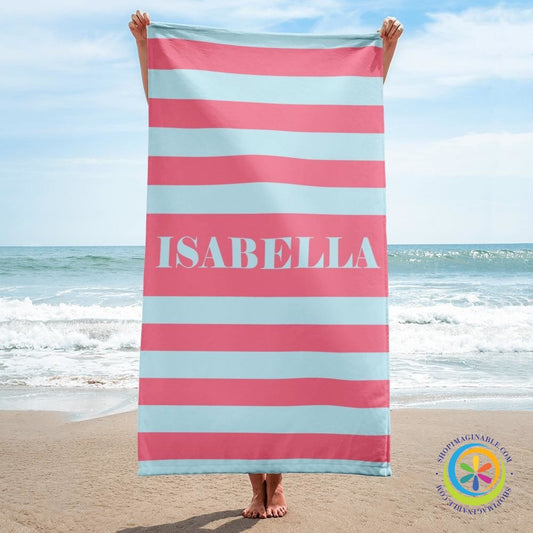 Personalized Blue & Pink Striped Beach Bath Towel-ShopImaginable.com