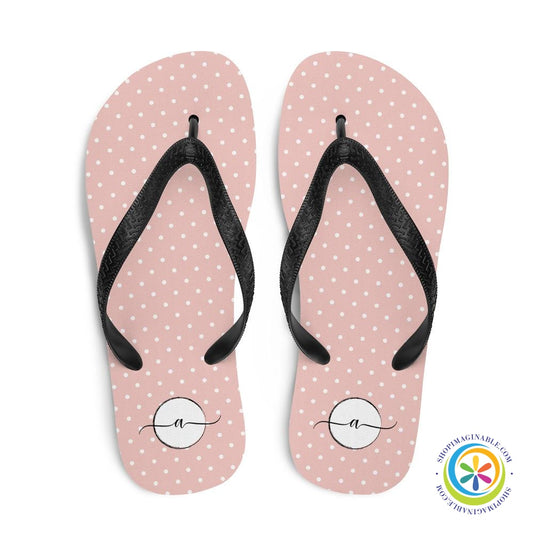 Pink Polka Dots Elegant Initialed Custom Personalized Flip-Flops-ShopImaginable.com