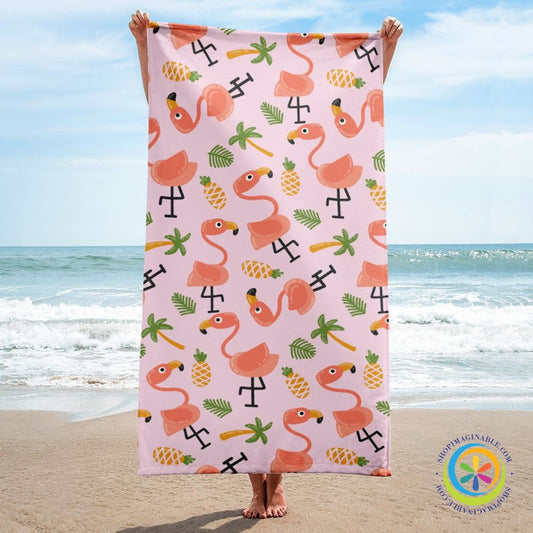 Playful Flamingo's Beach Towel Bath Towel-ShopImaginable.com
