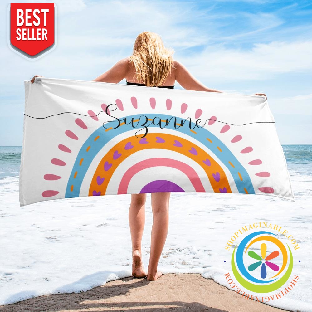 Rainbow Personalized Script Beach Bath Towel-ShopImaginable.com