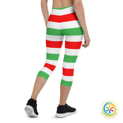 Red White & Green Candy Cane Striped Capri Leggings-ShopImaginable.com