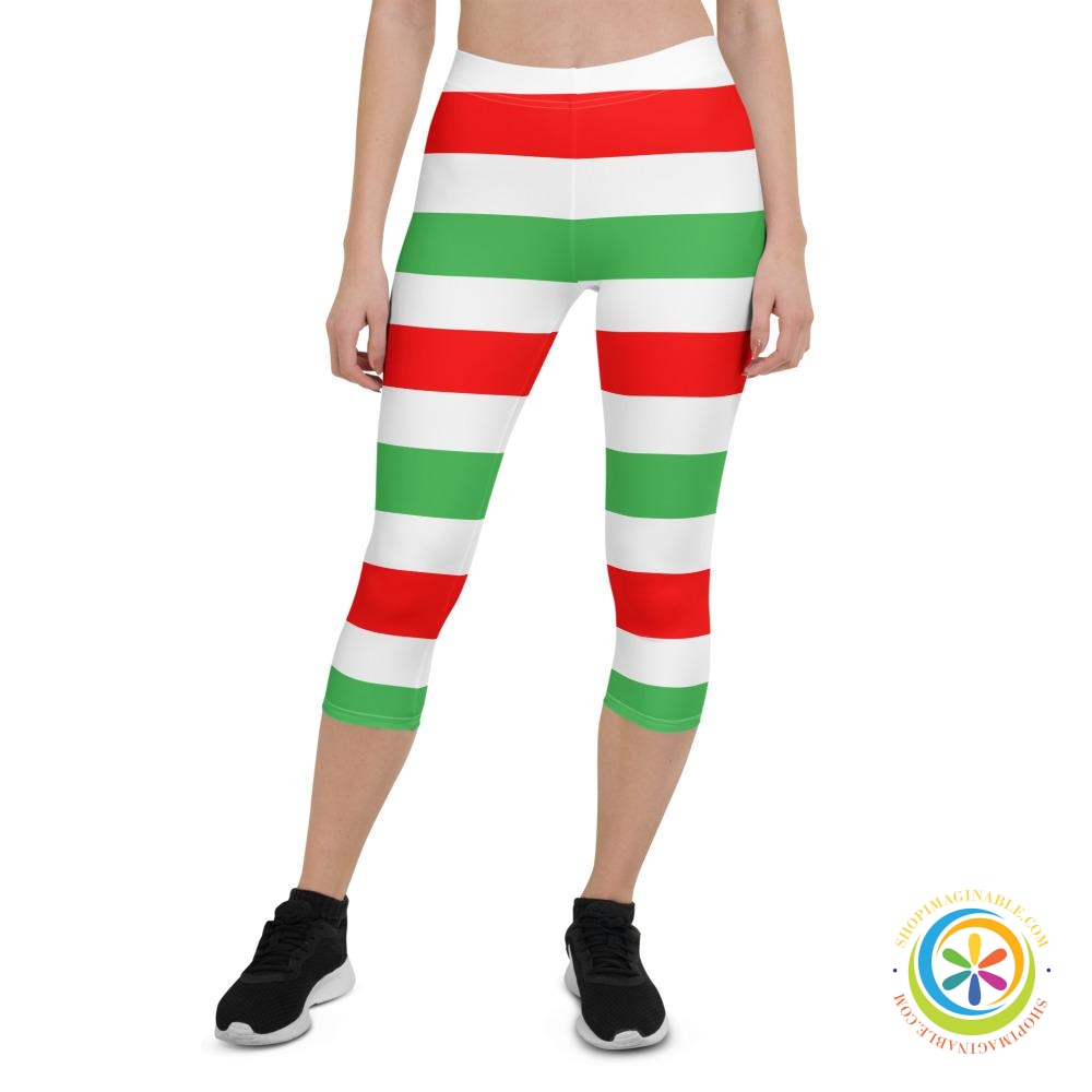 Red White & Green Candy Cane Striped Capri Leggings-ShopImaginable.com