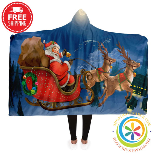 Santas Sleigh Christmas Hooded Blanket Adult / Premium Sherpa - Aop